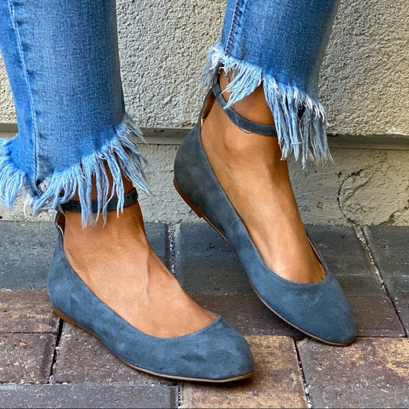 Genuine Suede Gray Ankle Strap Mary Jane Flats - Picture 4 of 8